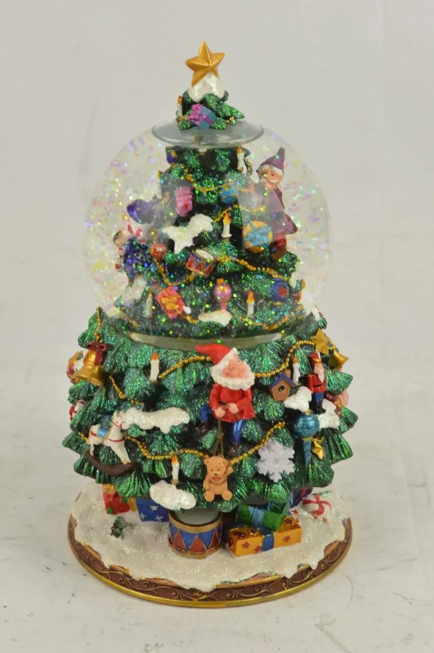 Vintage Christmas Tree Snow Water Globe Winter Scene Elves #999600